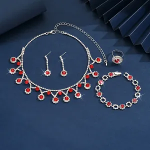 Zilverkleurige strass rode kristal ketting oorbellen armband ring sieradenset voor dames.