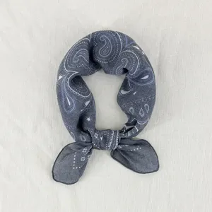 Detailed view of dark grey small paisley square scarf, elegant neckerchief for daily wear.