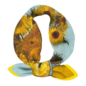 Detail view of retro literary Van Gogh sunflower print silk scarf hair band for women.