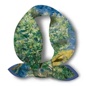 Close-up detail of the vintage Van Gogh oil painting print silk scarf, delicate tied texture.