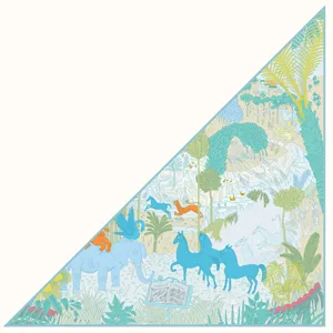 Silk triangular scarf featuring intricate jungle animal print design, elegant and fashionable.