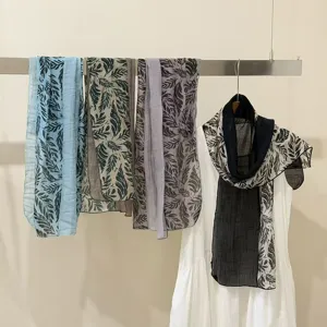 Retro Korean style spliced lightweight leaf print scarf shawl, versatile daily accessory.