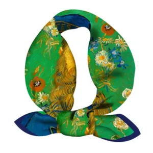 Detailed view of the vintage Van Gogh oil painting style silk scarf with floral art print pattern.