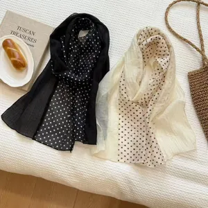 Detailed view of retro Korean style polka dot splicing lightweight scarf for women chic daily wear.