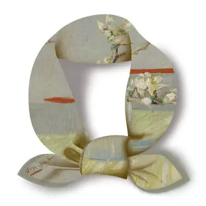 Detail view of the retro Van Gogh almond blossom print silk scarf, elegant artistic neck accessory.
