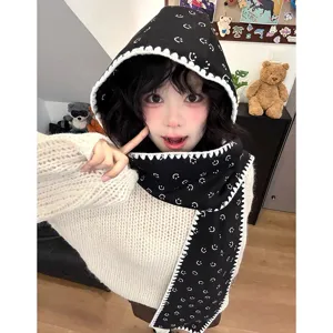 Femme hiver noir blanc smiley imprimé écharpe à capuche chaud tricoté bonnet tour.