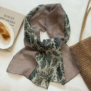 Retro Korean style spliced lightweight printed silk scarf, versatile layering accessory shawl for women.