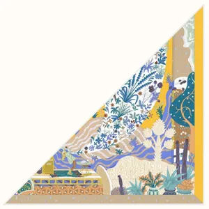 Luxury silk triangle scarf featuring intricate animal and botanical print art design.