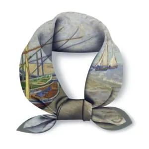 Detail shot of artistic silk neckerchief featuring classic oil painting print, elegant accessory.
