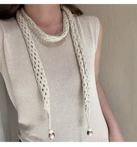 Beige knitted hollow out scarf for women fashion narrow long knitted neckerchief chic