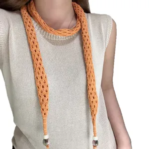 Orange knitted skinny scarf for women, hollow out dopamine style long neck accessory fashion