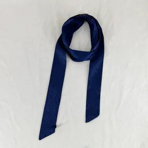 Dark blue silky narrow ribbon scarf for hair and bag decoration, elegant minimalist women accessory.