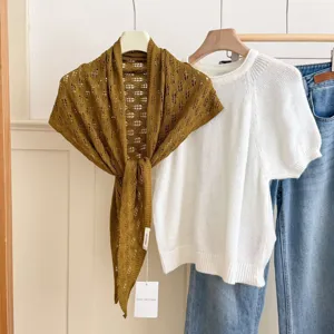 Hollow knit triangle scarf for women, stylish summer neck wrap and fashion versatile shawl.