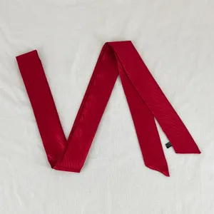 Detailed view of the elegant red long narrow ribbon, showing its delicate wavy texture and smooth fabric.
