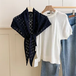 Women's solid color hollow out knitted triangular scarf spring summer new fashion neck wrap.