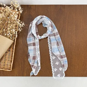 Women Fashion Scarf Polyester Plaid Floral Lace Stitching Artificial Pearl Accent Elegant Neck Scarf Ribbon