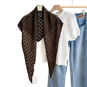 Brown hollow-out knitted triangular scarf for women, trendy summer fashion versatile neck wrap.
