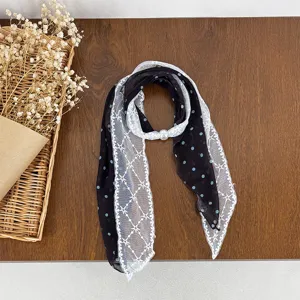 Women vintage lace splicing scarf with polka dots and pearl buckle for spring summer fashion.