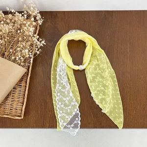 Yellow lace patchwork scarf detail, vintage style neckerchief with pearl buckle, spring accessory.