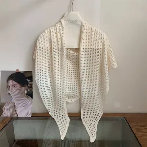 Beige knitted hollow out triangle scarf breathable mesh shawl for women summer air conditioning