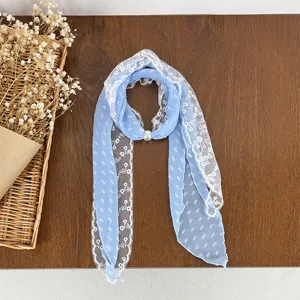Blue lace patchwork silk scarf with pearl buckle, vintage versatile spring summer neckerchief.