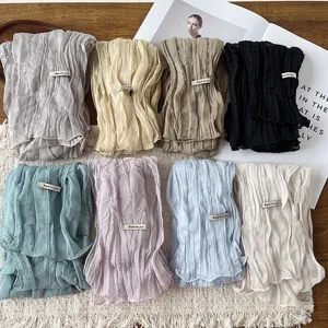 Korean Style Pleated Thin Chiffon Long Scarf Women Solid Color Elegant Neck Decoration Scarf Fashion Chic Accessories