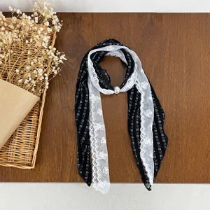 Black and white polka dot lace silk scarf with pearl buckle elegant neck accessory