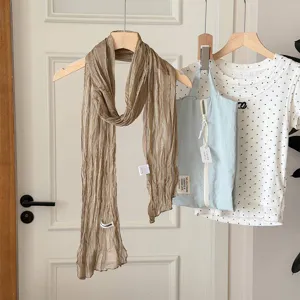 Korean style solid color crinkled long scarf for women, lightweight spring summer neck wrap.