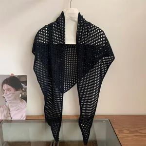 Black mesh knitted triangle scarf breathable hollow out shawl for women summer daily wear