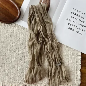 Korean style pleated thin long scarf, lightweight solid chiffon neck decoration accessory.