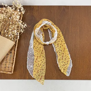 Yellow floral lace skinny scarf with pearl buckle, elegant ribbon neckerchief for spring.