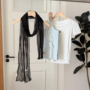 Korean style solid color pleated long scarf for women, thin lightweight spring summer neck wrap.