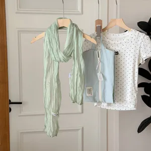 Korean style solid color crinkled long scarf for women, lightweight spring summer accessory.