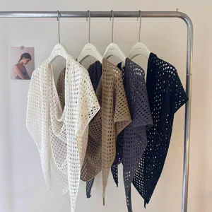 Hollow out knit triangle scarf shawl summer breathable cape sunscreen cover up top women