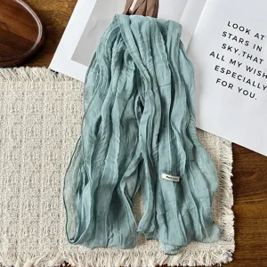 Korean style pleated thin long scarf for women spring summer chic solid chiffon neck wrap.