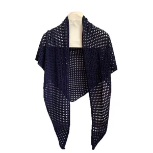 Dark blue hollow knit triangular shawl, stylish women summer air conditioning room cape scarf.