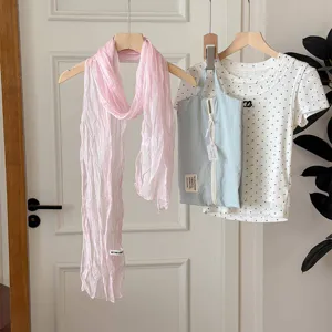Korean style solid color pleated long scarf, lightweight spring summer scarf accessory