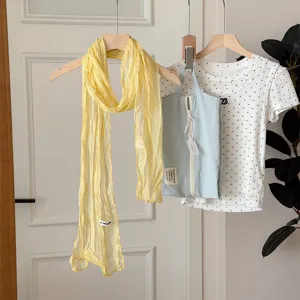 Korean style solid color pleated long scarf for women, lightweight spring summer wear.