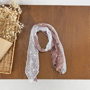 Korean floral lace spliced pearl silk scarf women spring summer elegant neck ribbon accessory
