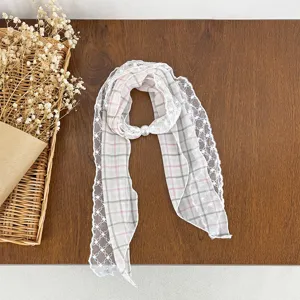 Lace patchwork plaid silk scarf detail view, elegant women's fashion neck accessory