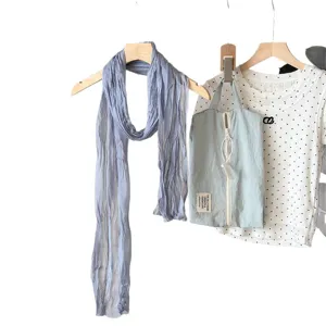 Korean style solid color pleated long scarf for women, lightweight spring and summer neckwear.