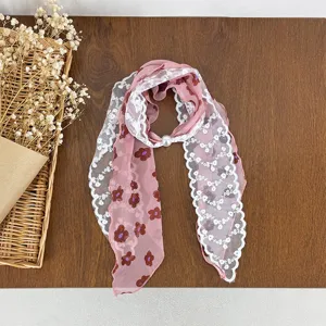 Chic pink floral lace scarf with pearl accessory for women, stylish spring summer neck ribbon.