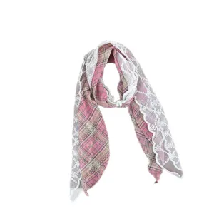 Pink plaid silk scarf with white lace trim and pearl accent, elegant spring summer neck ribbon.