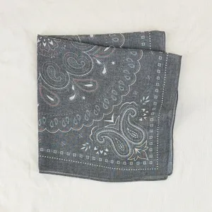 Detailed close-up view of the grey paisley print soft cotton square scarf fabric texture.