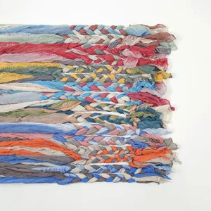Detailed view of colorful braided pleated fabric strips, vibrant multi-color design, soft texture.