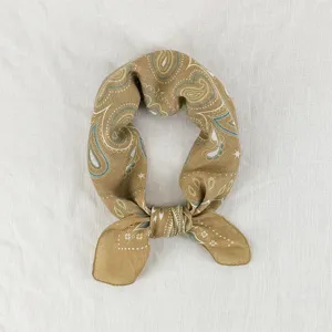 Khaki paisley print square scarf, breathable and soft artistic small neckerchief for women.