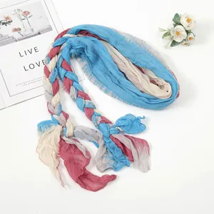 Versatile multi-color spliced pleated braided scarf, stylish headscarf for travel photo.
