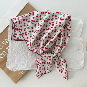 Charming cherry print square scarf, lightweight and stylish neckerchief for chic daily wear.