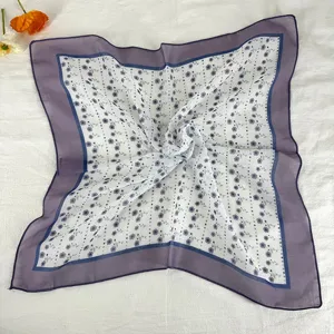 Vintage floral small square scarf for women, elegant purple border neckerchief and head wrap.