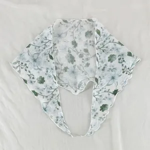 Foulard triangulaire a imprime floral vert accessoire de cheveux en lin et coton